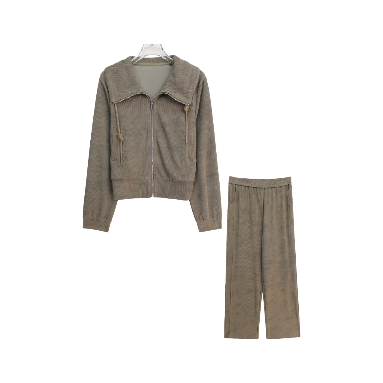 S设计感大翻领抽绳拉链上衣垂感阔腿裤套装S4014