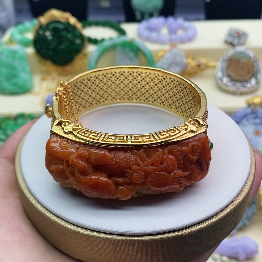 翡翠手镯（开口镯）银S925镀金镶嵌