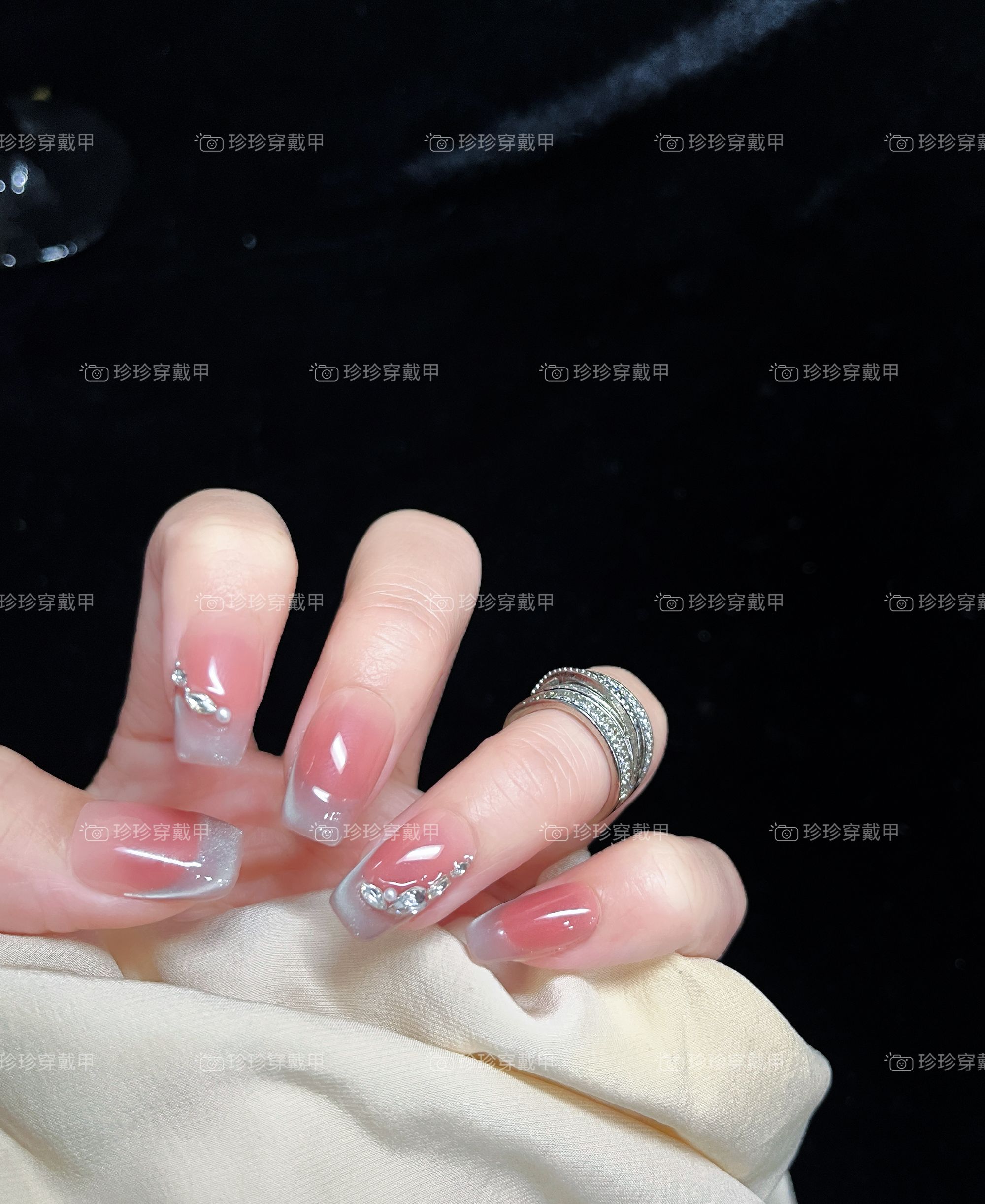 【粉霜莓莓】珍珍手工穿戴甲温柔显白腮红晕染猫眼法式斜边钻美甲