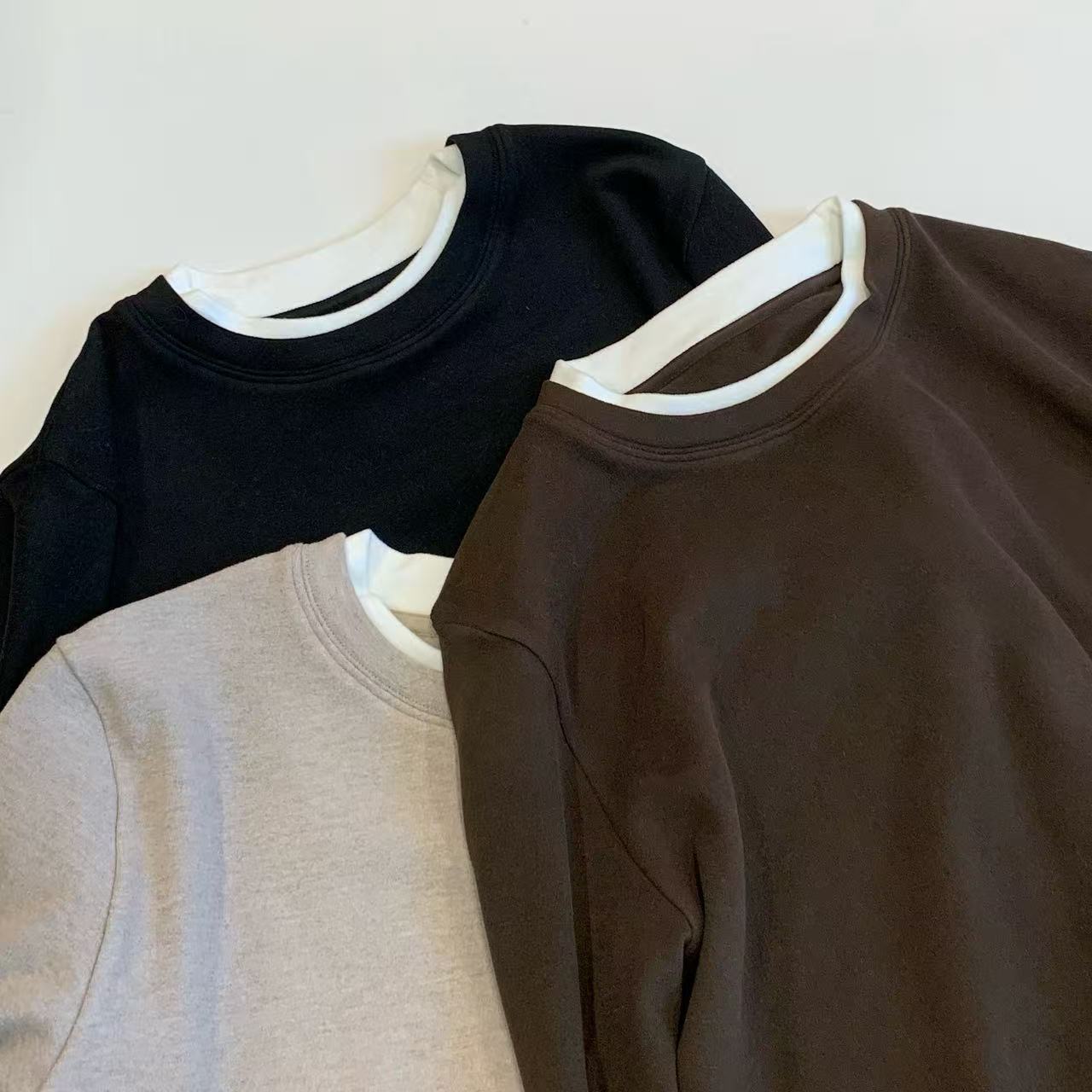 【琪琪】万能内搭 “再生纤维 加绒版” 假两件T恤  J1396