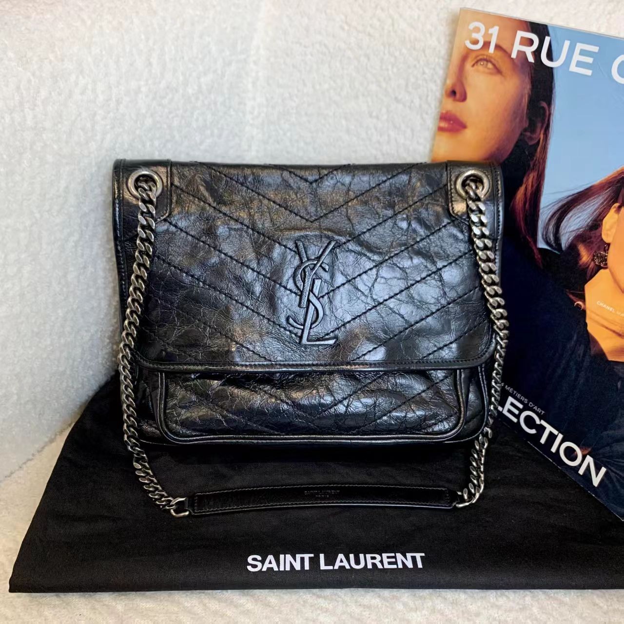 99新 YSL/圣罗兰 壹臻/黑银niki中号D扣 60373596