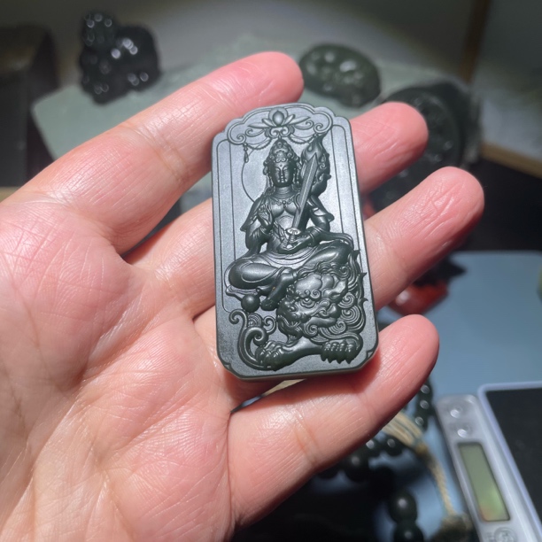 【阿良的玉】和田玉青玉一细特细文殊菩萨时尚精品吊坠手把