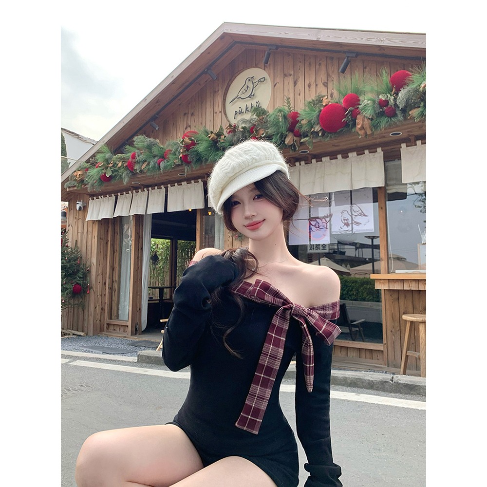 格纹拼接磨毛系带长袖打底衫女春季新款蝴蝶结一字领纯欲辣妹上衣