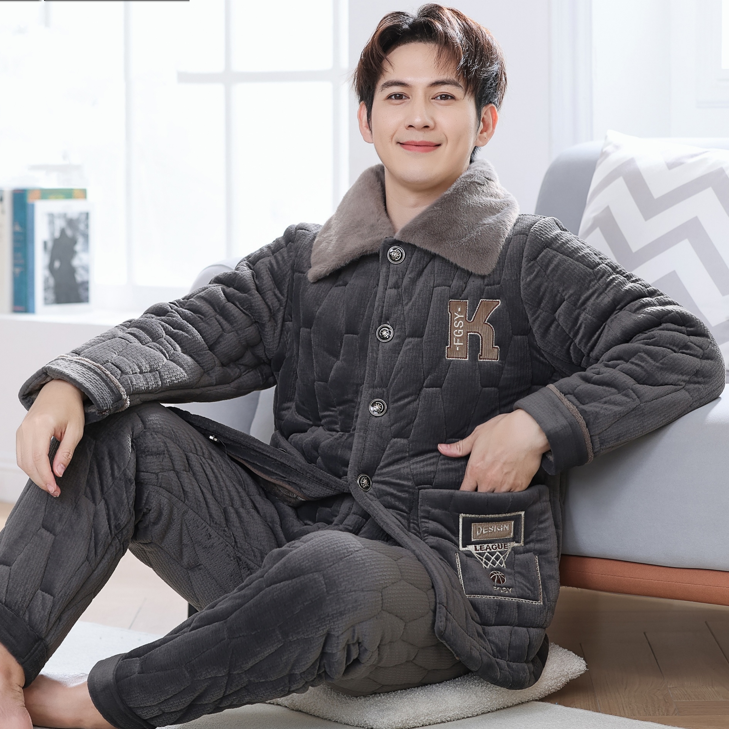 【A105#冬季新款夹棉睡衣】男士加绒加厚保暖睡衣家居服可外穿