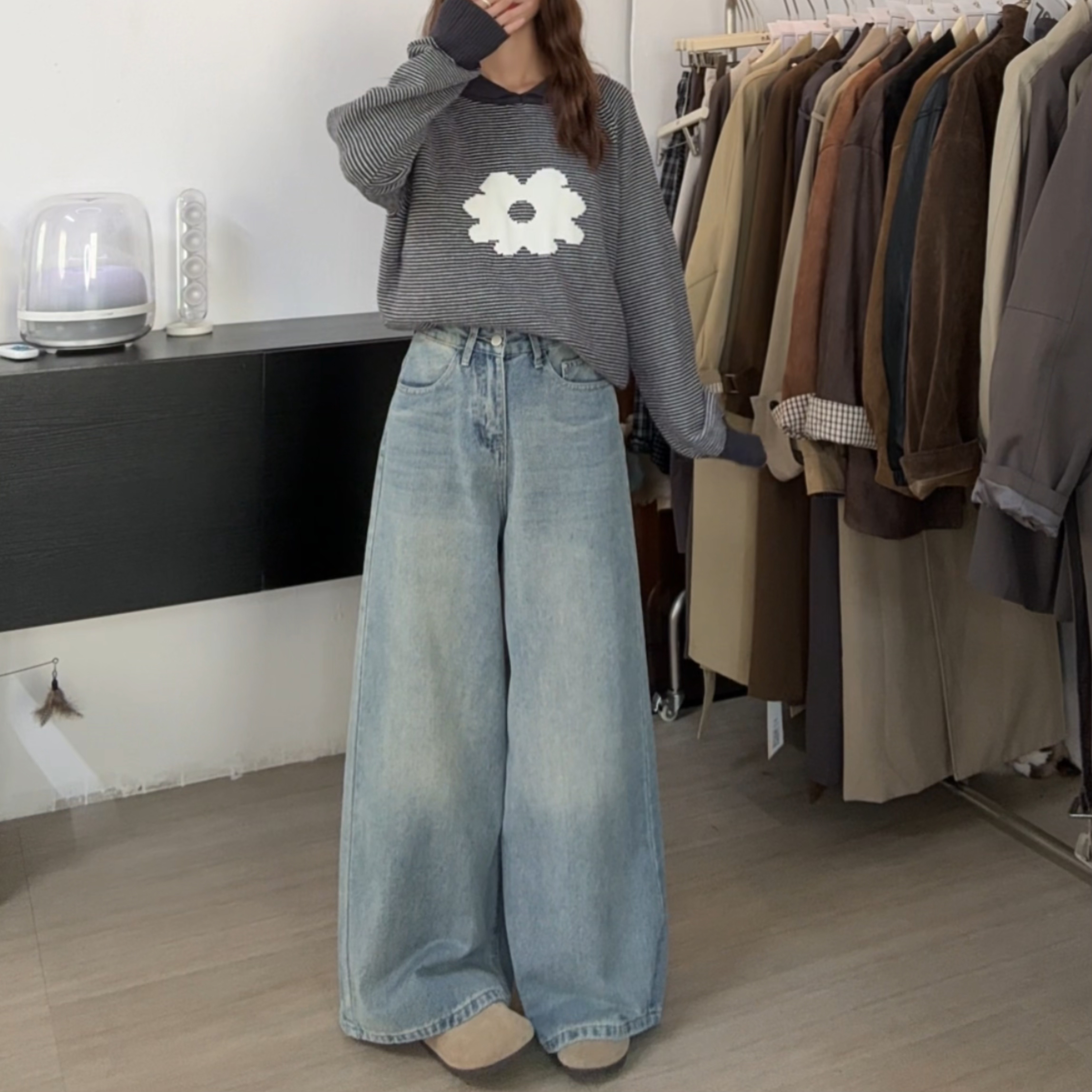 【陈大力】裤子微弹力水洗拖地裤牛仔裤高腰秋季宽松直筒裤