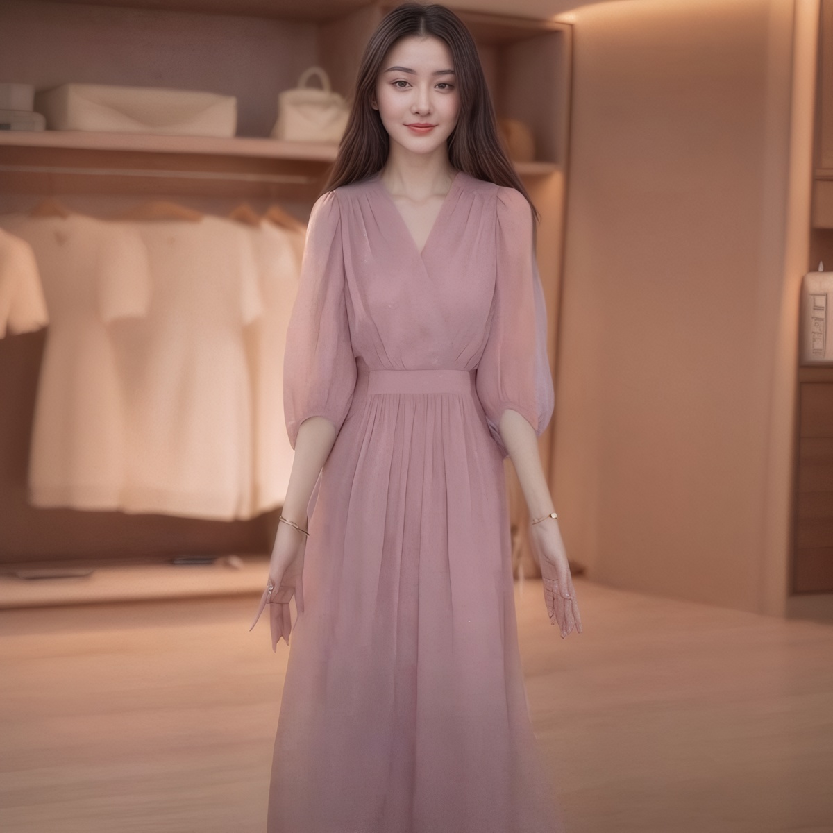 轻奢高级感气质V领中长款紫色连衣裙女夏季法式复古收腰显瘦裙子