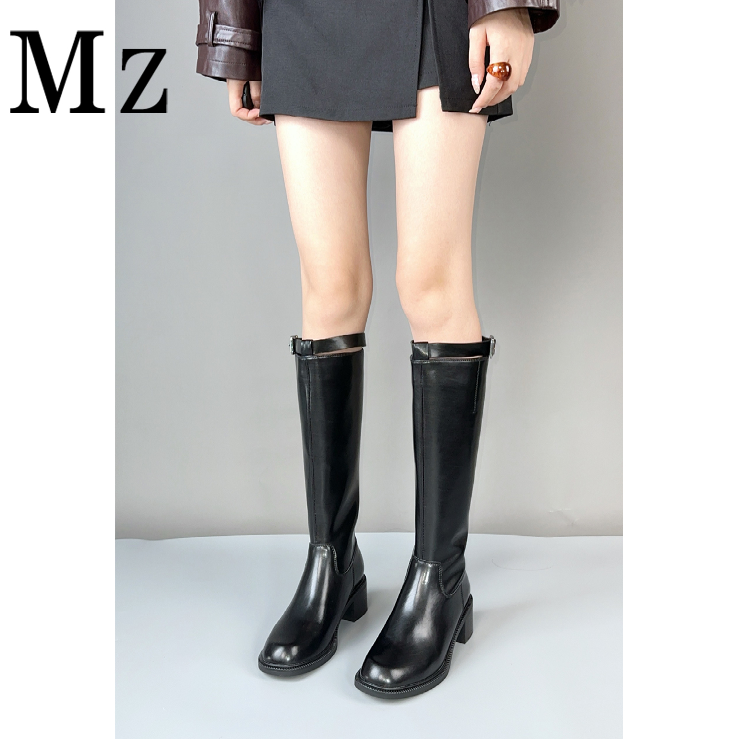 Mr.Zheng/5.5cm/皮带扣长靴真皮骑士靴高筒靴子秋冬新款粗跟女靴