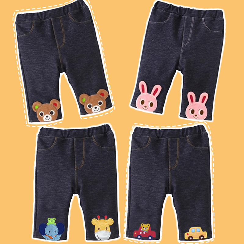巨好穿卡通9分裤~日系男女儿童装可爱熊兔微弹仿牛仔汽车宝宝裤子