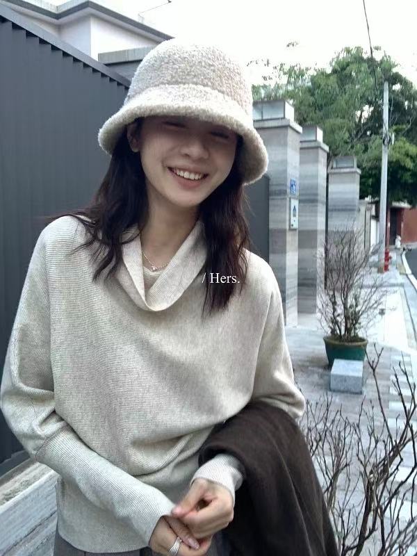 高级感堆堆领收腰毛衣女秋冬韩系老钱风穿搭蝙蝠袖针织衫内搭上衣