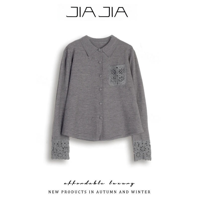 【佳佳的织黛女装】灰色高级感衬衫领针织衫镂空袖口设计感毛衣