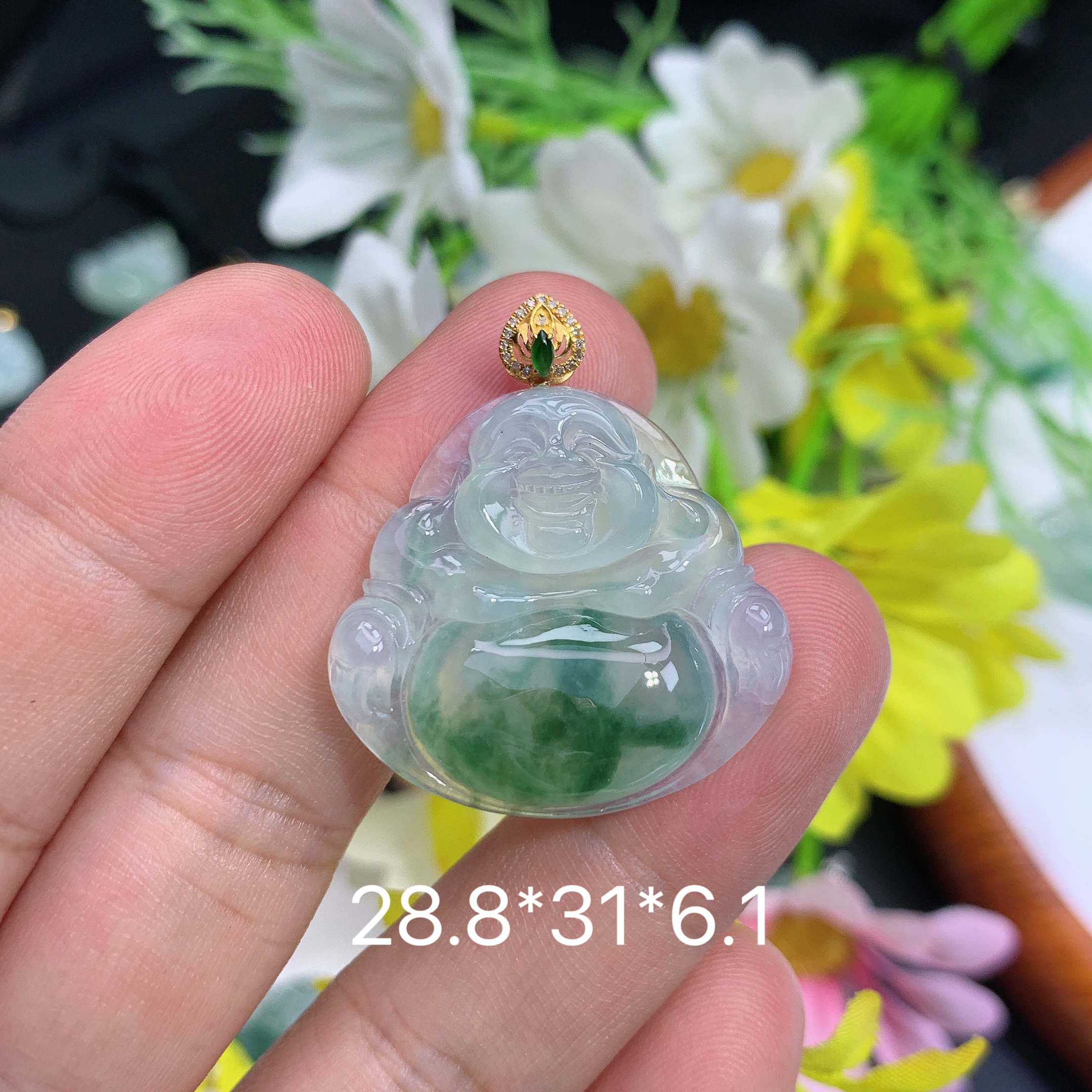 缅甸天然翡翠冰润飘花佛公刘挂件气质百搭时尚清新精雕玉石