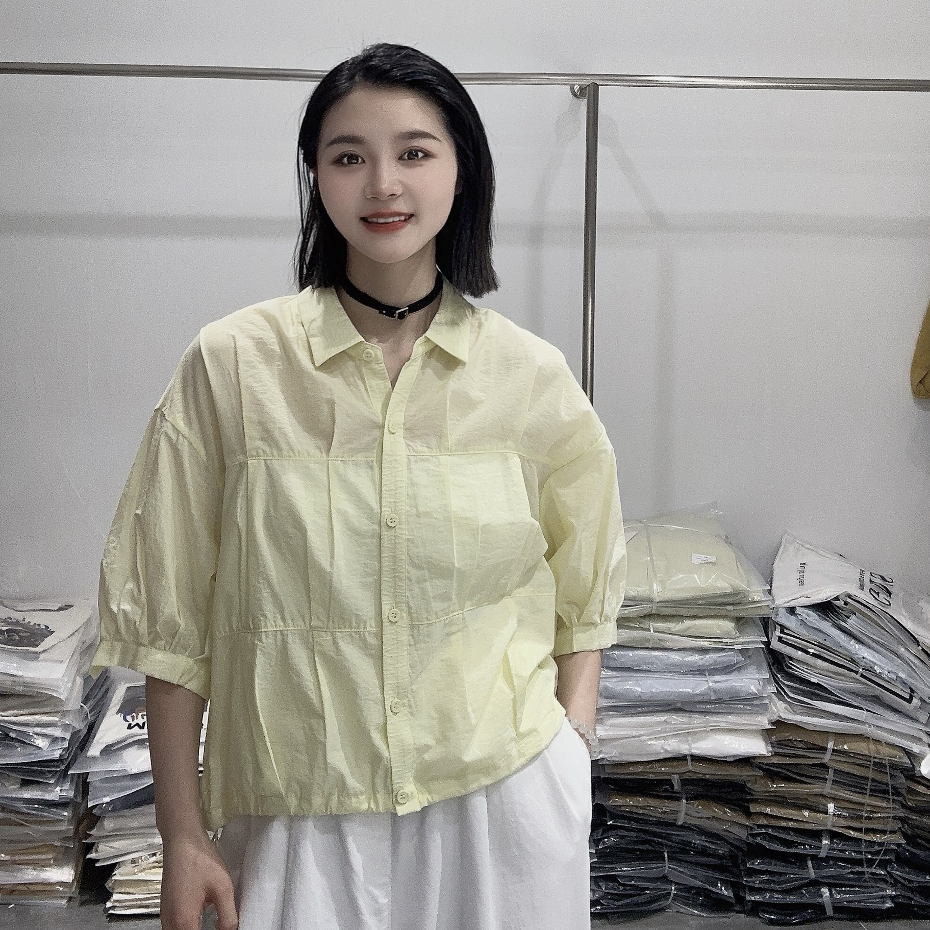 LMM 99026 2025夏季新款韩版时尚翻领下摆抽绳衬衫女宽松百搭衬衫