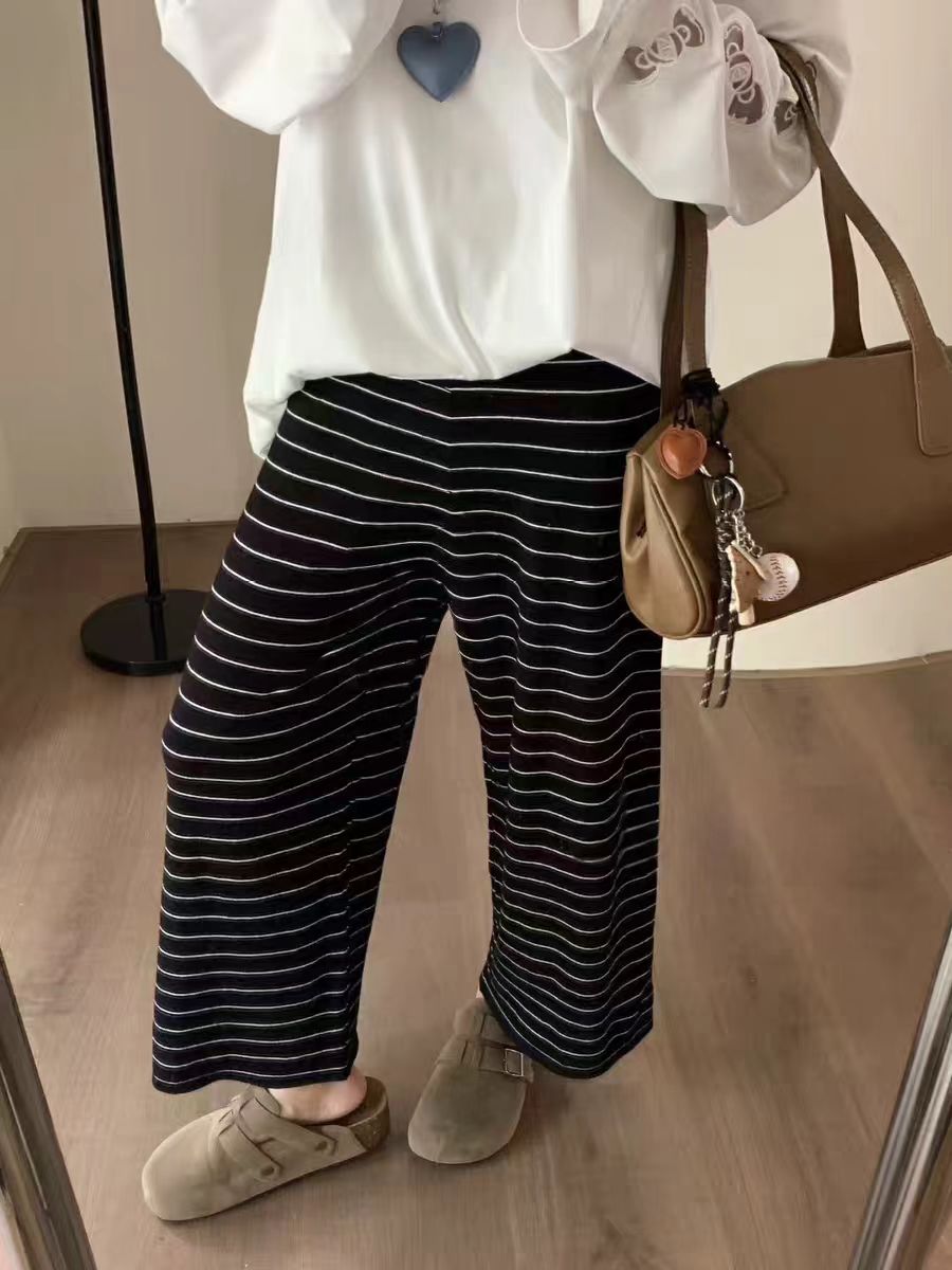 复古撞色条纹针织马蹄百搭休闲慵懒秋装女款爆款通勤黑色裤子