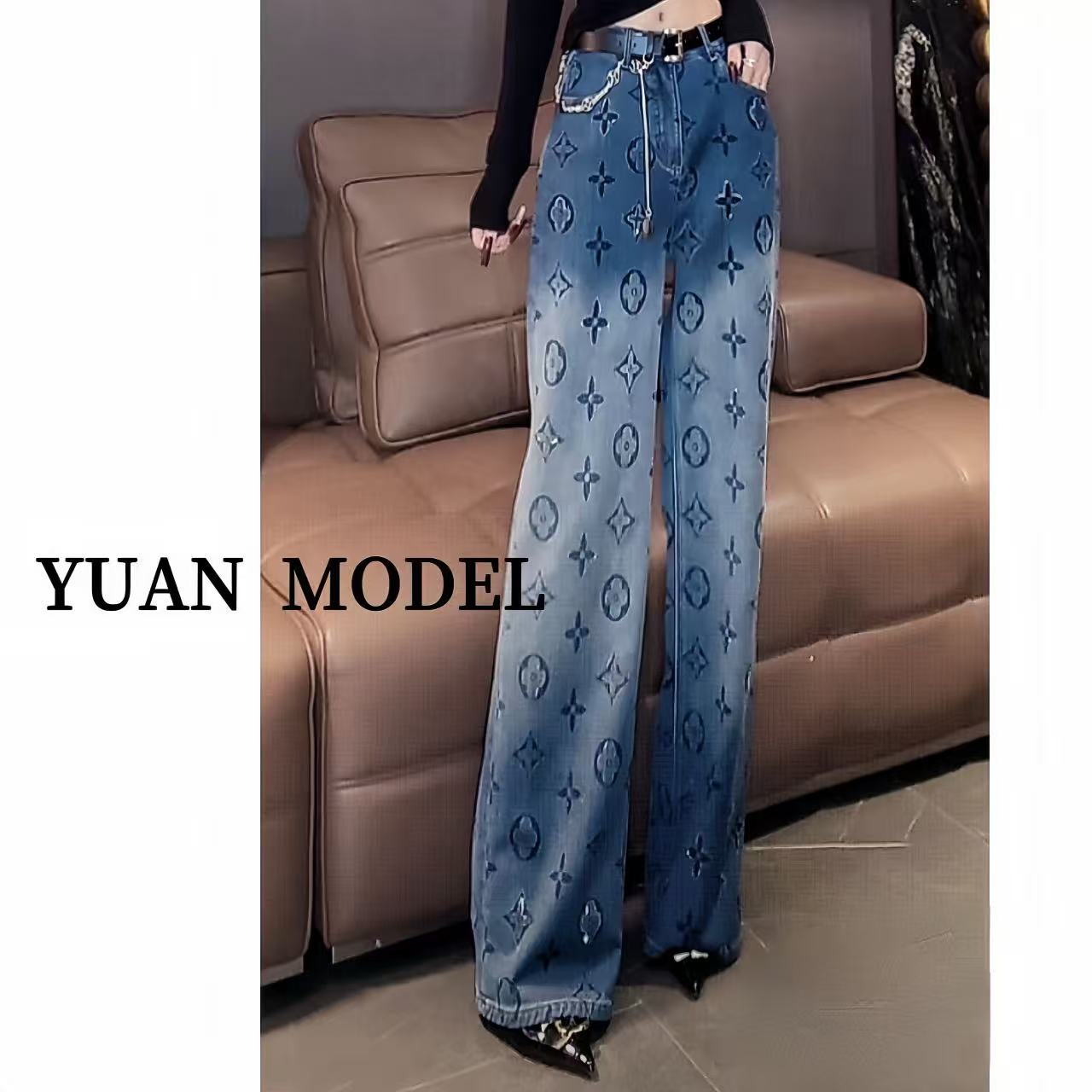 YUAN MODEL/媛老板-欧版时装烫钻渐变牛仔裤直筒阔腿裤长裤110924
