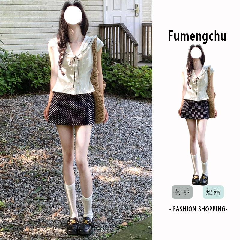 巨好看的套装女夏季纯欲学院风白色V领衬衫上衣穿搭波点半身裙子