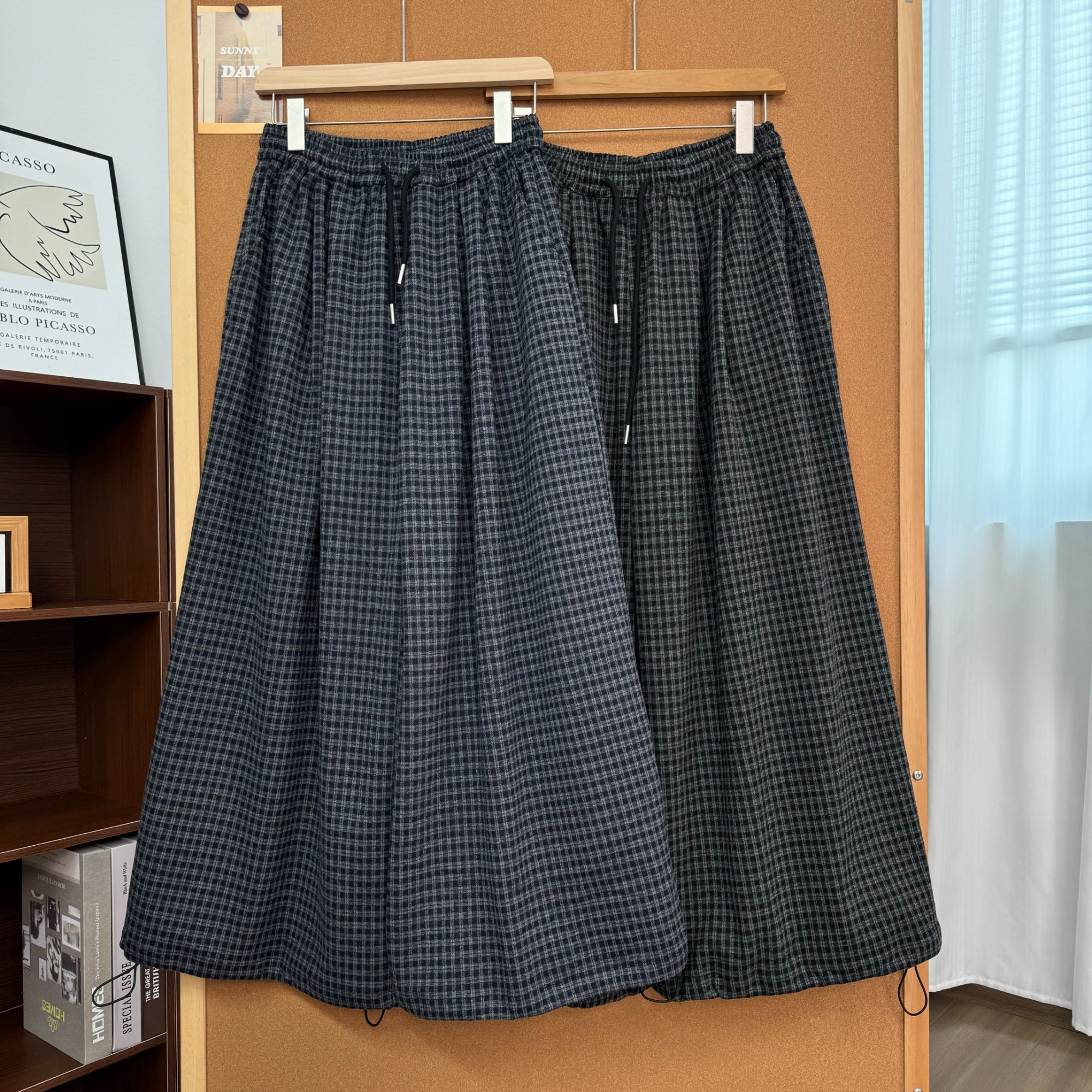 秋冬直筒松紧腰格子休闲裤长裤呢子复古加厚阔腿裤抽绳灯笼裤裤子
