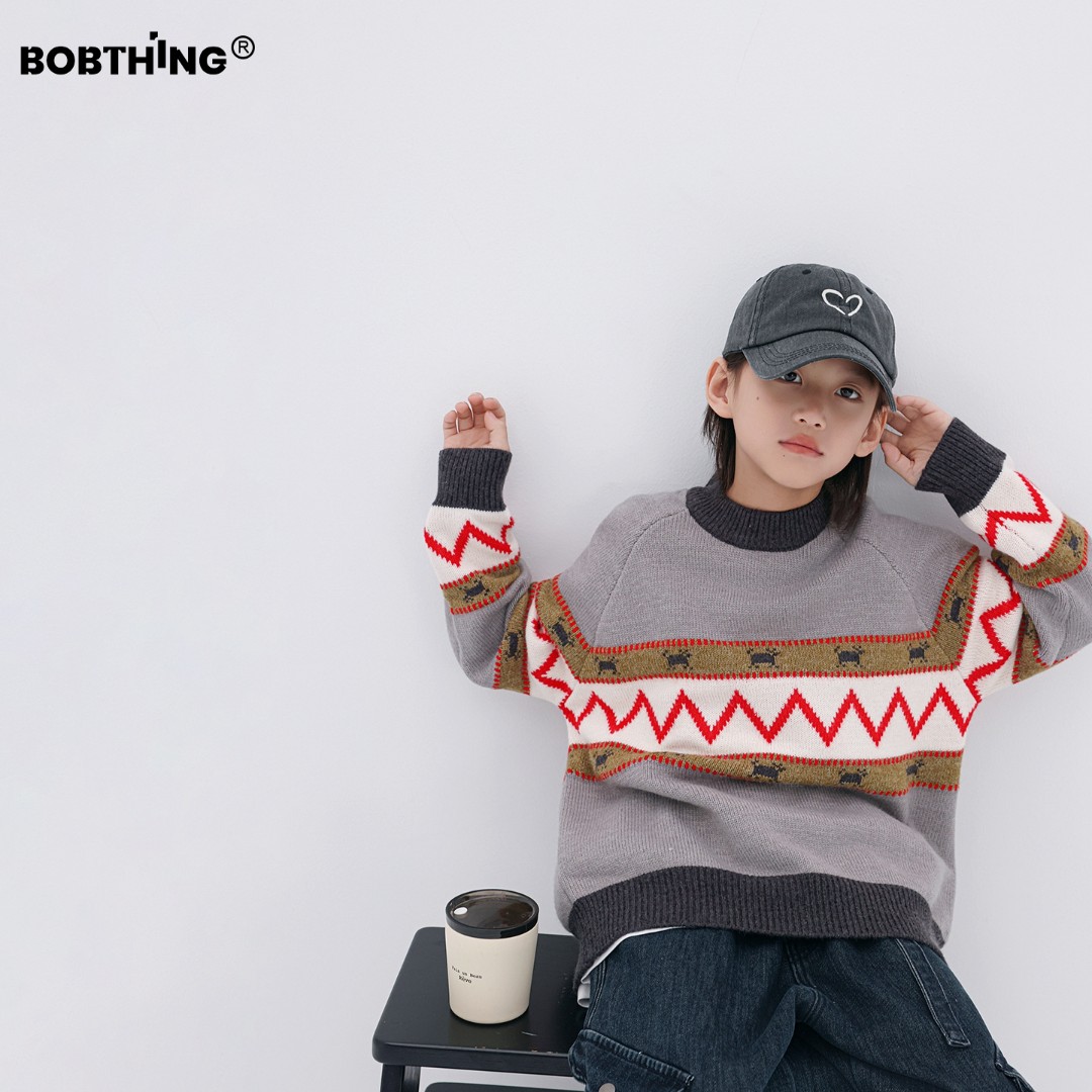 男童冬装复古花纹圆领毛衣2025新款儿童加厚针织打底衫童装线衣潮