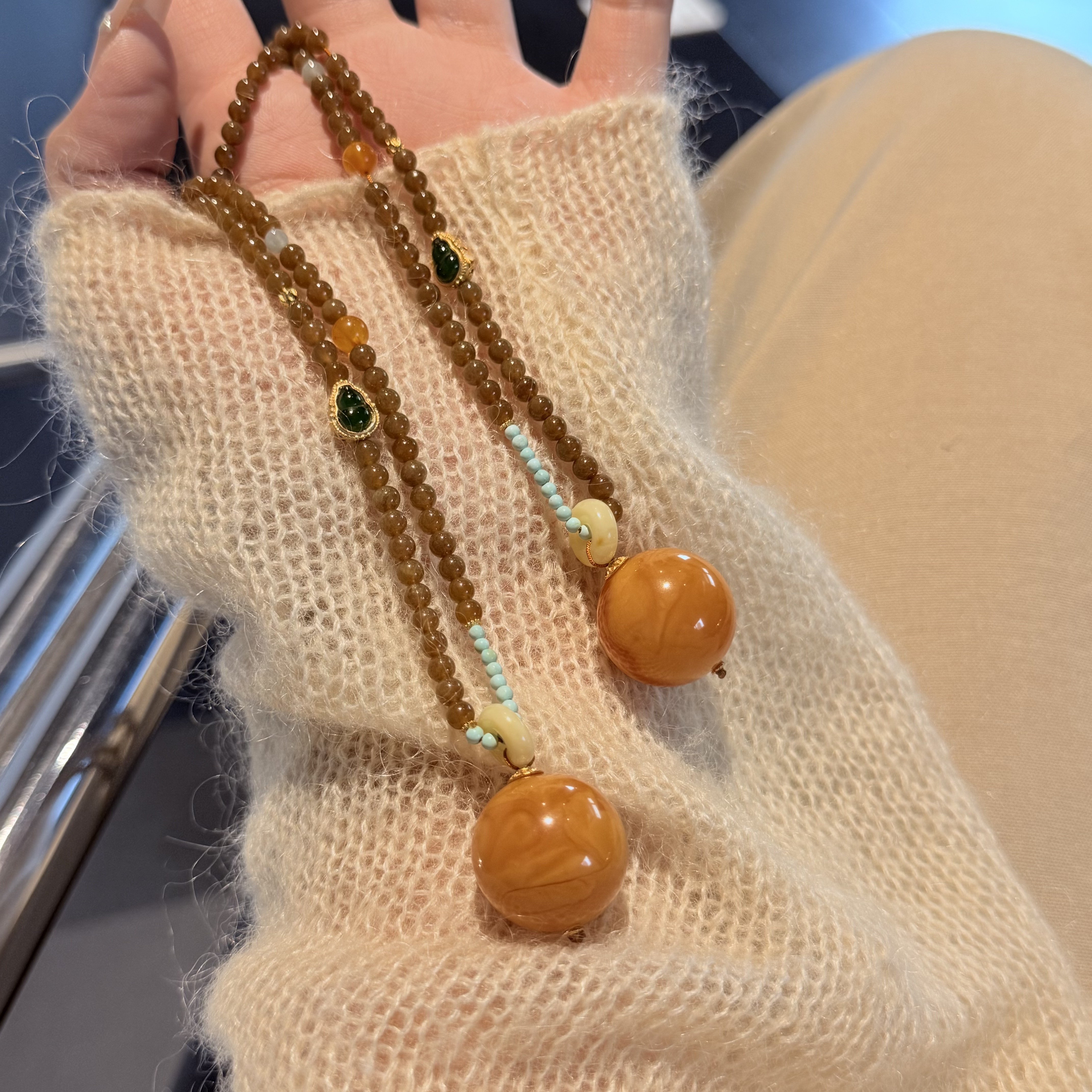 晶挖挖天然老花蜡妖花蜜蜡鸭蛋黄吊坠颈饰时尚国风（2265）多样发一