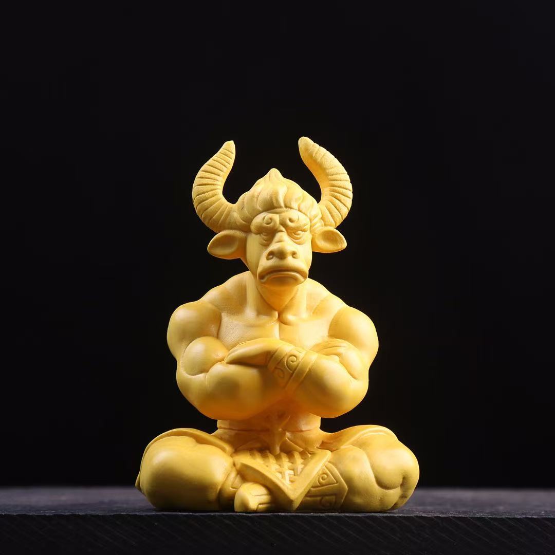 黄杨木雕刻混世牛魔王实木人物牛气冲天汽车家居玄关装饰摆件招财