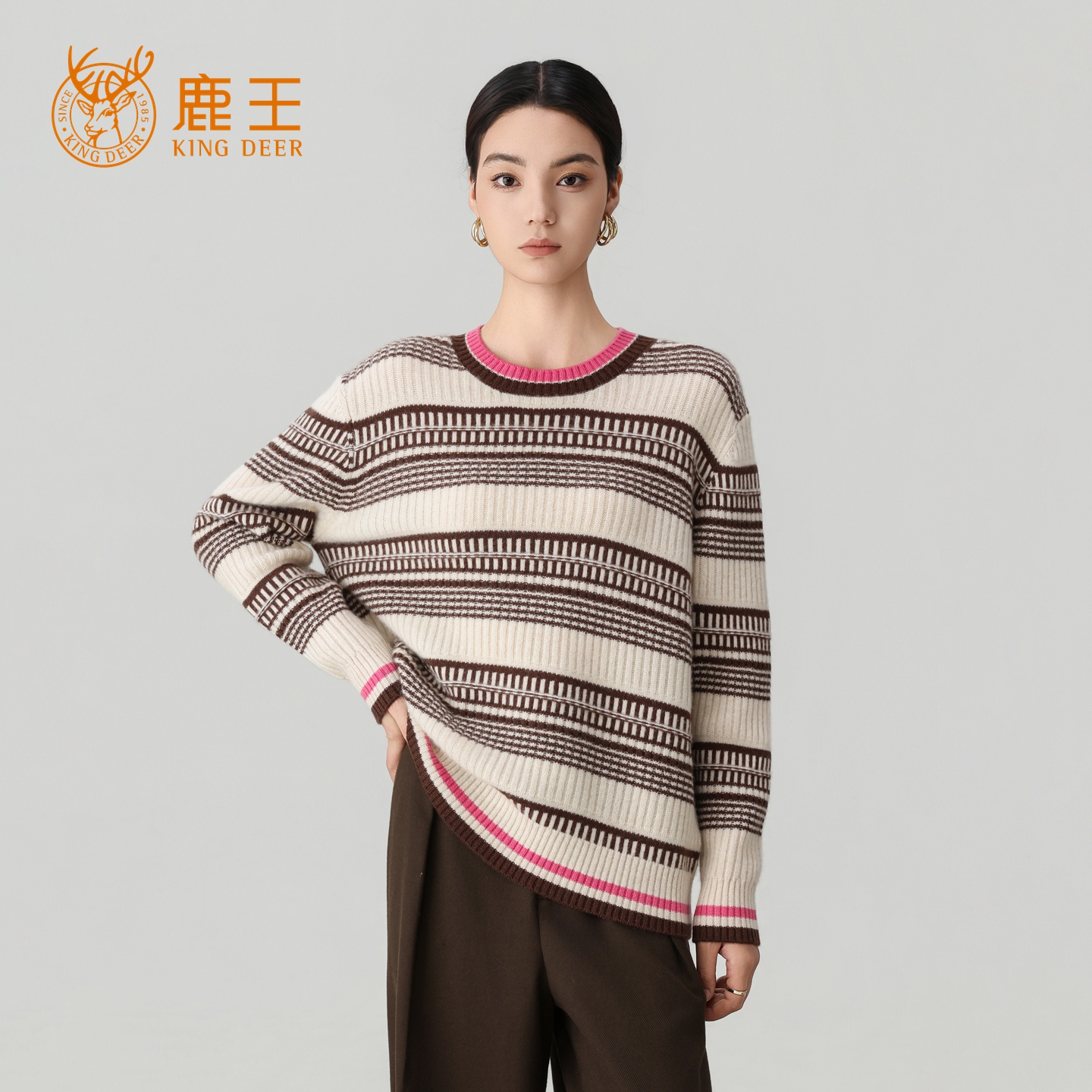 鹿王25新款女圆领100山羊绒时尚彩条时尚休闲针织套衫 加厚3M308