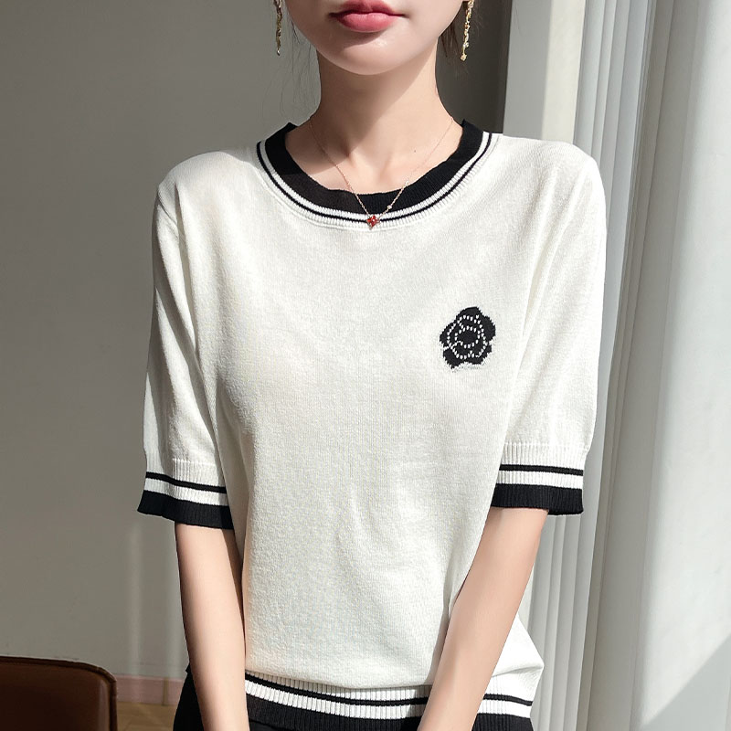 拼色刺绣毛衣薄款减龄上衣短袖洋气宽松型毛针织衫撞色夏季设计感