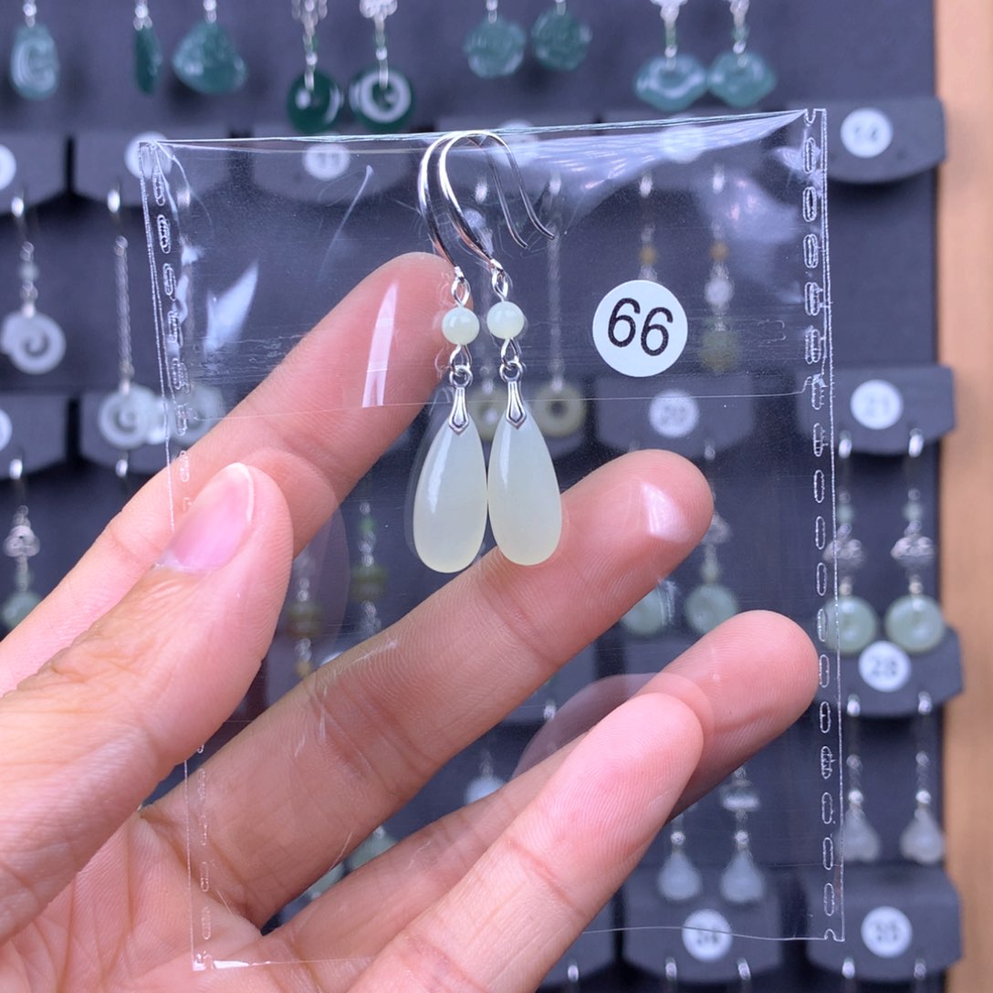 和田玉耳饰银S925镶嵌丽*