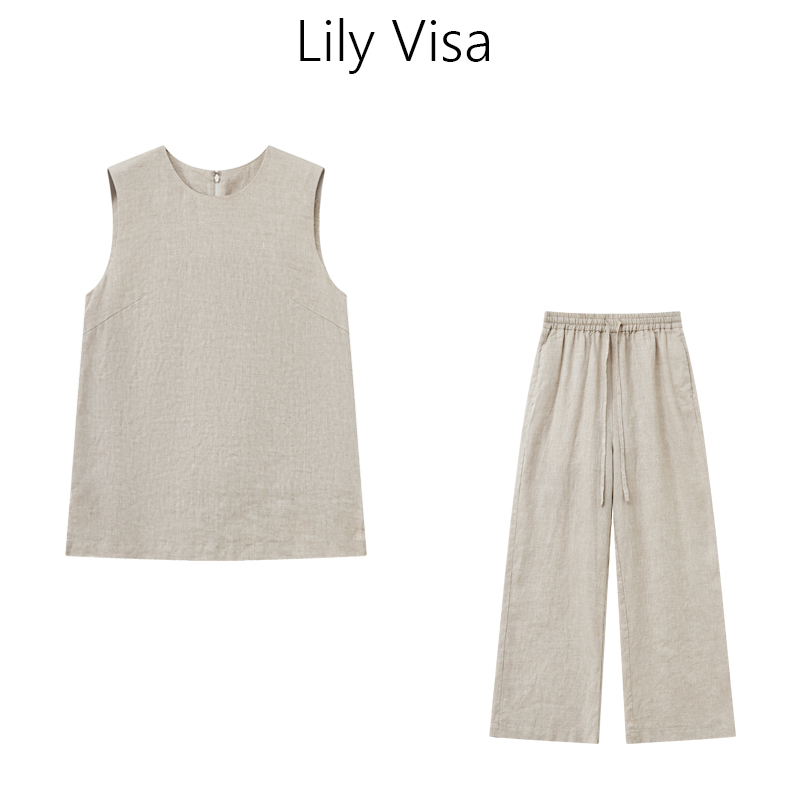 Lilyvisa100纯亚麻马甲九分裤两件套装慵懒风老钱风女装休闲小众