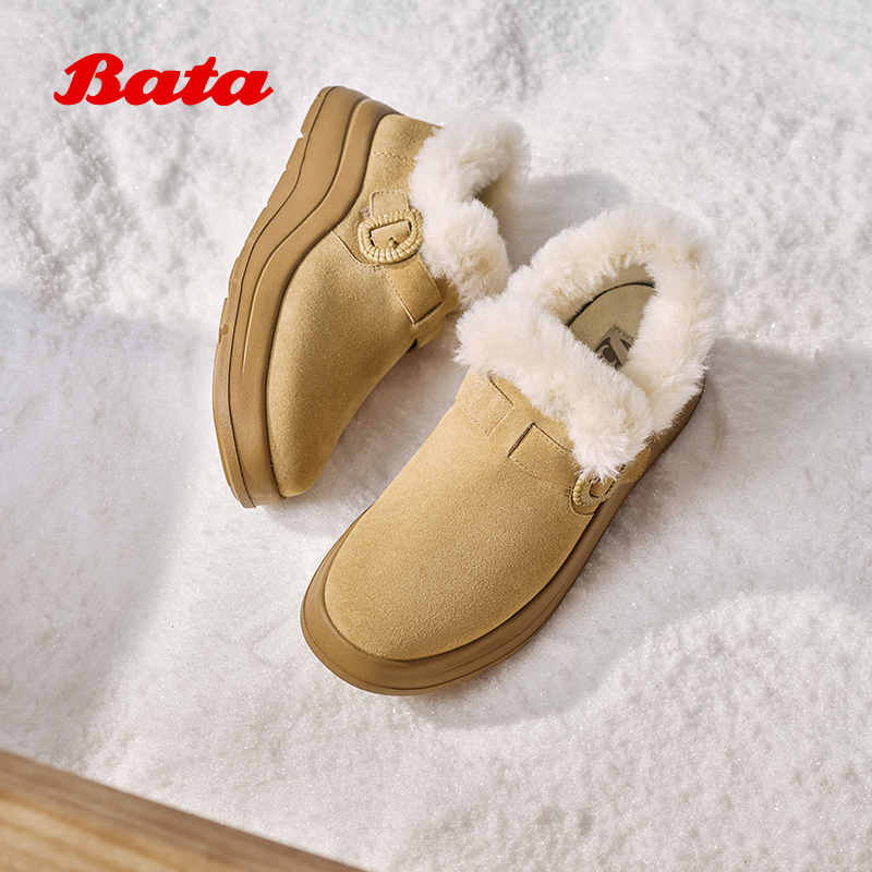 Bata雪地靴女2025冬商场新款牛剖皮保暖厚底时尚毛毛短靴AD123DM5