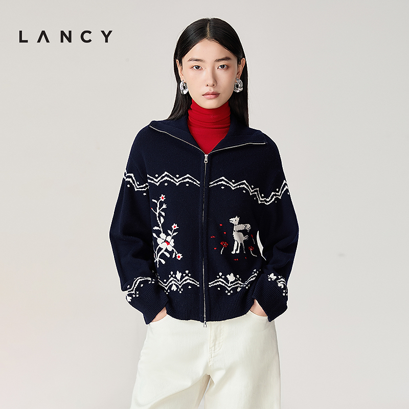 【马踏春风】LANCY/朗姿2026春新款羊毛羊绒复古提花针织开衫外套