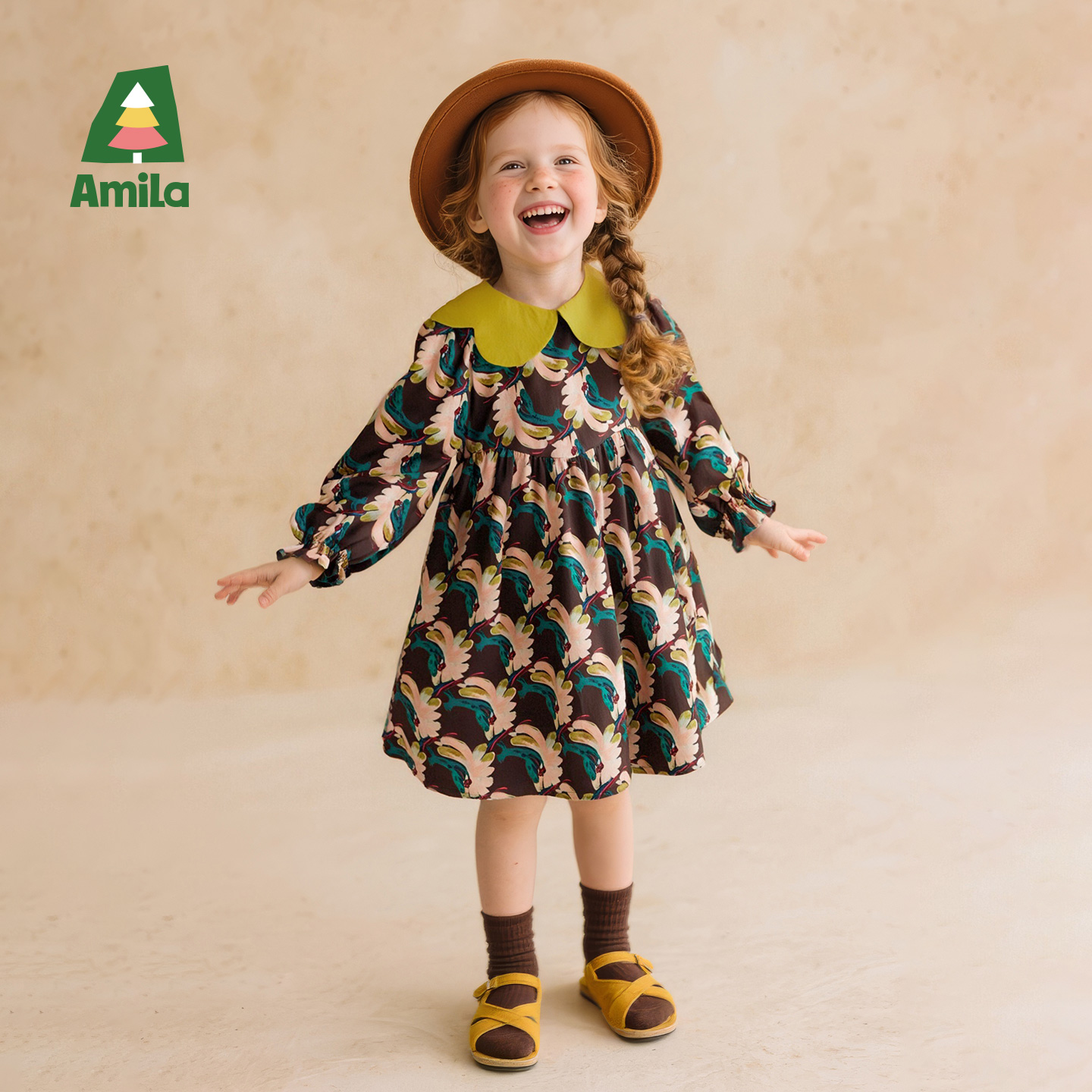 啊咪啦amila2025年秋款新品女童纯棉连衣裙XQ5LY328