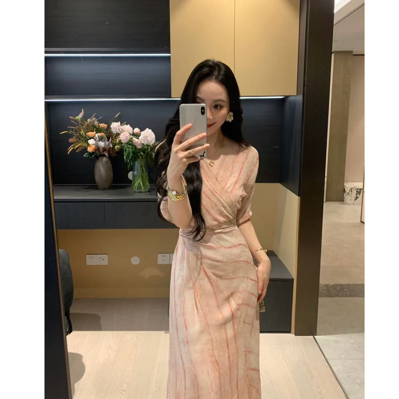 XINYI【氧气三文鱼】夏季雪纺印花连衣裙收腰显瘦气质X625Q09503