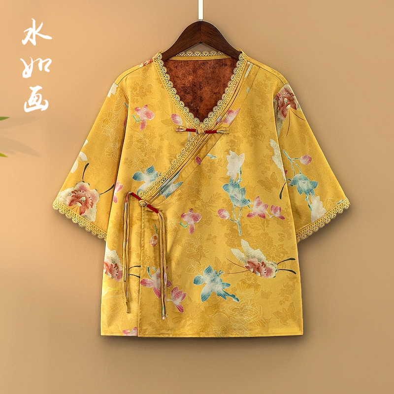 【柠芳】夏季2025新款上衣小衫新中式女装国风V领提花气质半袖衬衫