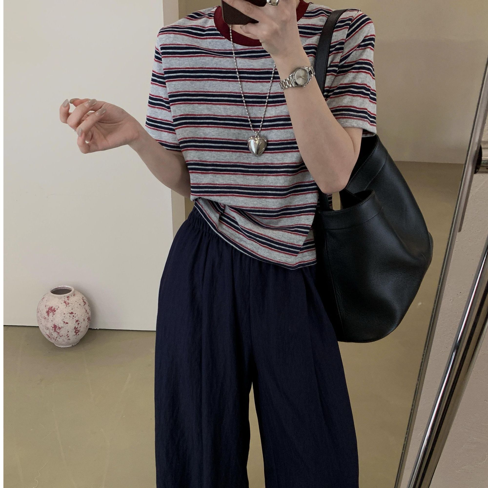 ARRLMORRE品牌【落霞提花】显白配色肌理感条纹显瘦短袖棉T