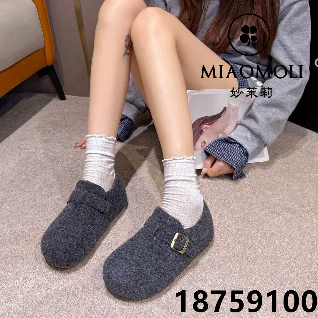 妙茉莉 新款保暖毛呢玛丽珍魔术贴软底毛毛鞋毛绒勃肯鞋18759100