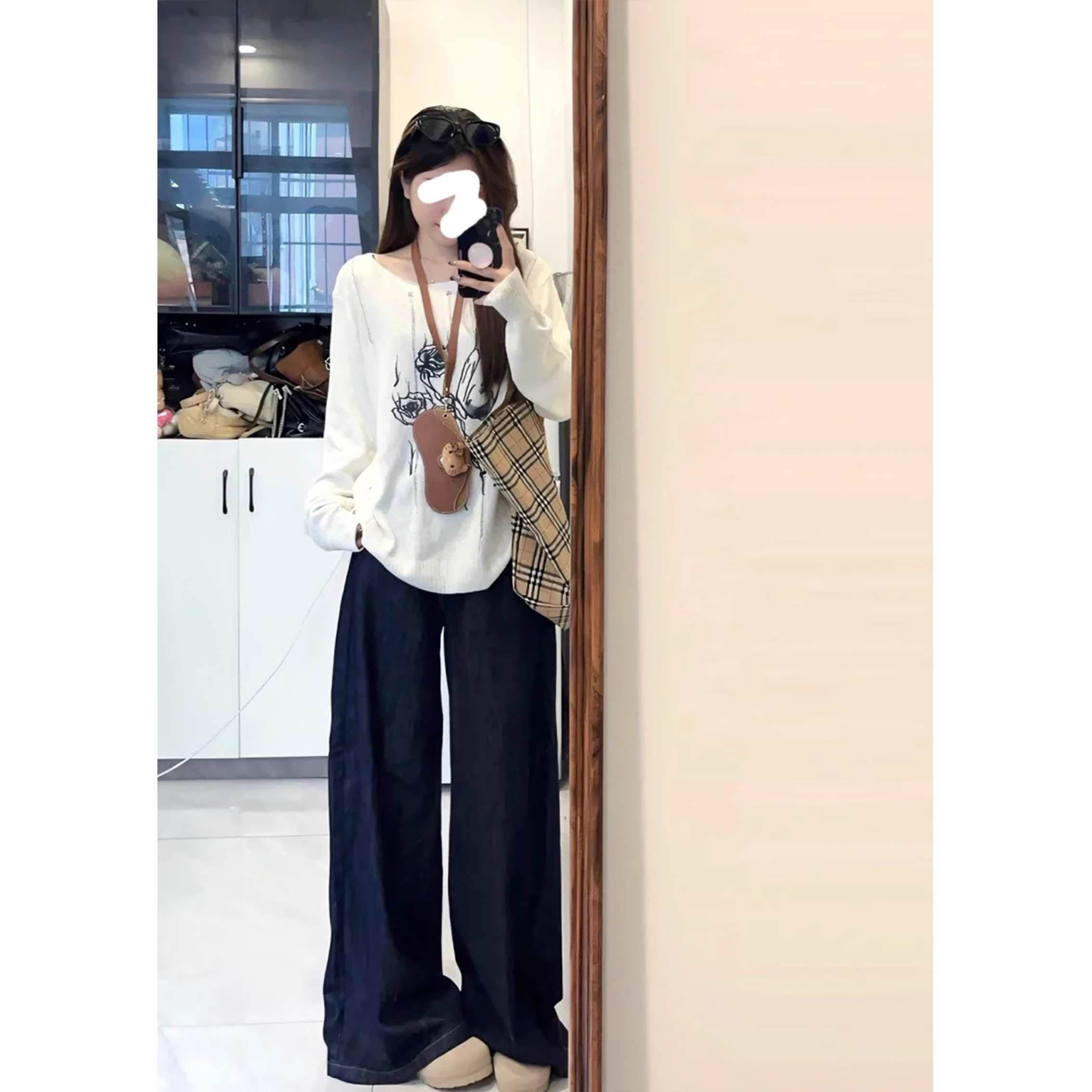 T108【RONZE潮流】原牛美式ins蓝灰色阔腿牛仔裤女宽松阔腿拖地裤