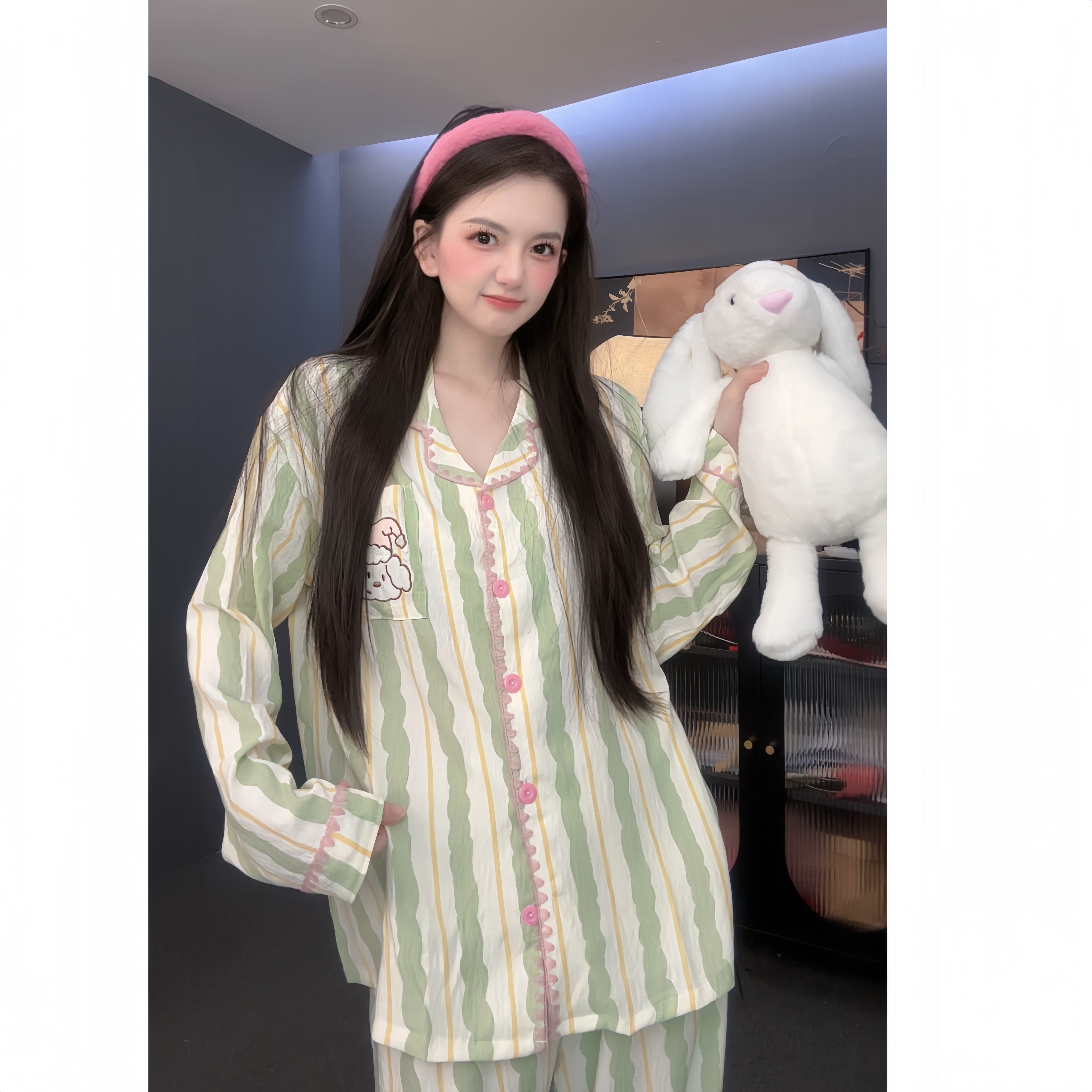 【晚安小熊】重工月牙长袖睡衣套装女秋季薄款两件套家居服可外穿