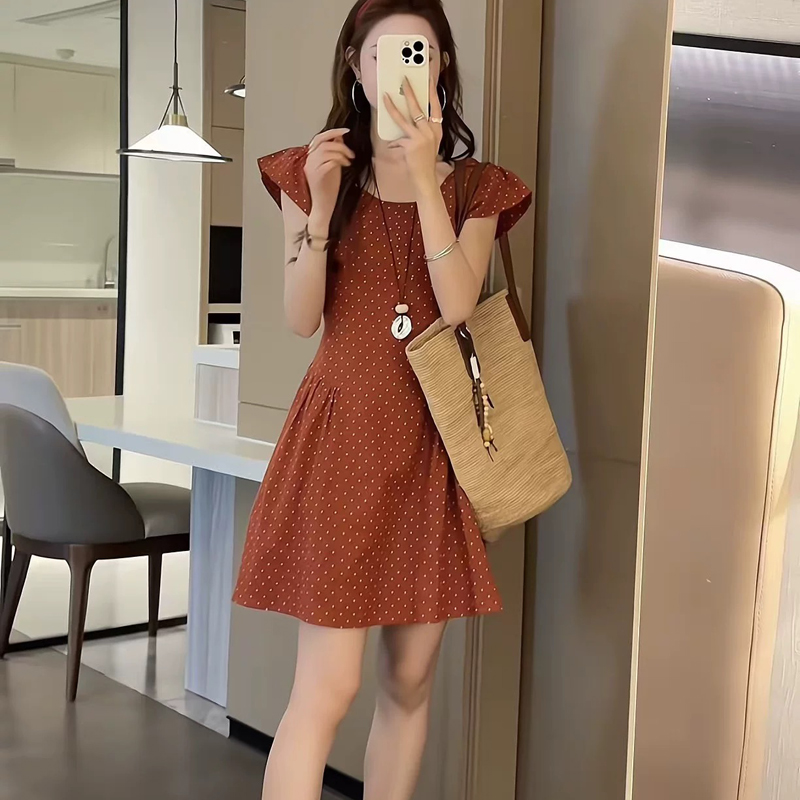 夏季新款时尚圆领无袖收腰显瘦连衣裙百搭显瘦短袖中长裙子 83219