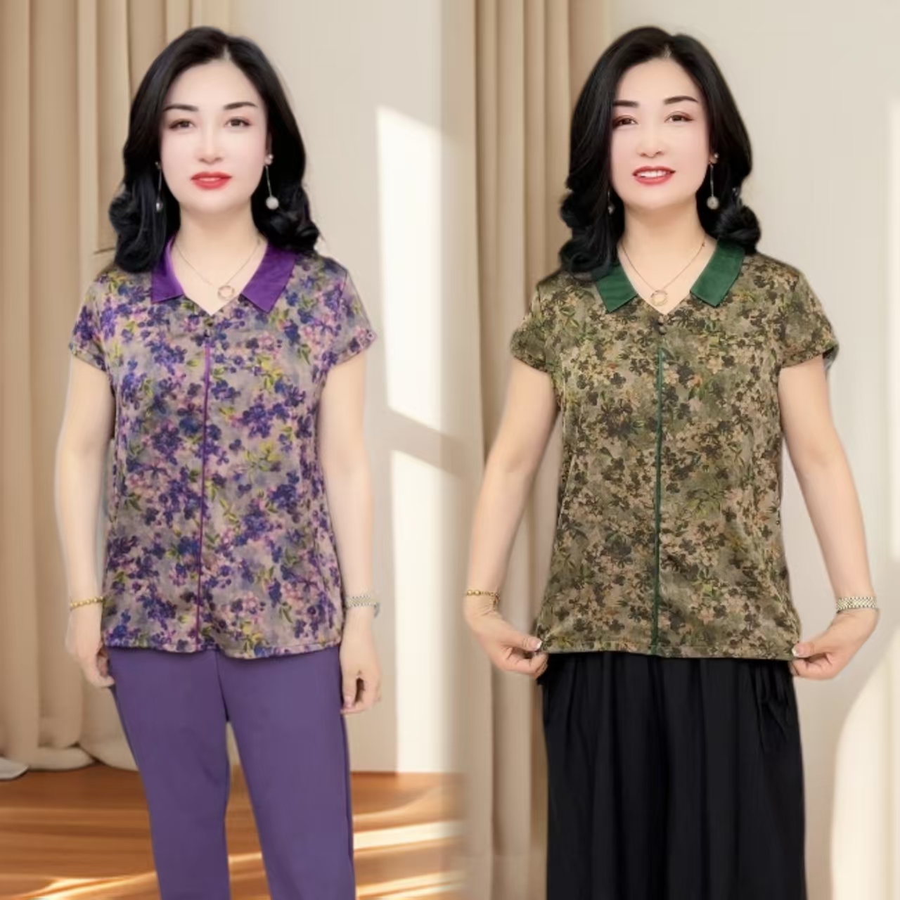 薄款时尚常规紫色小衫花色中老年女装印花常规款