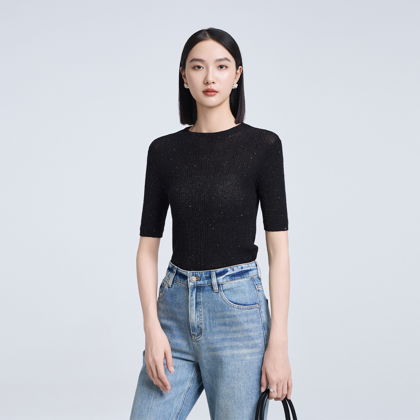 恩家秋休闲通勤气质百搭针织上衣圆领套头时尚ESQM7B705