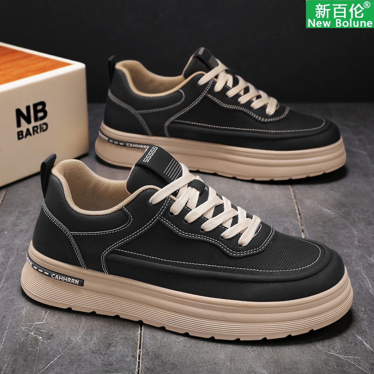 新百伦男鞋2025新款冬季潮流运动皮面休闲板鞋厚底低帮工作潮鞋男