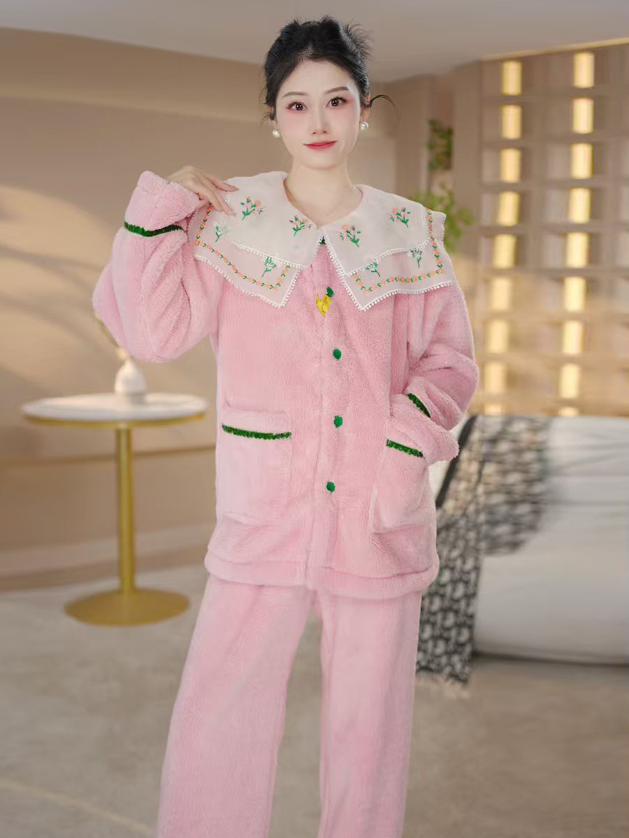 粉色新中式睡衣套装女秋冬新款甜美蕾丝刺绣加厚保暖可外穿家居服