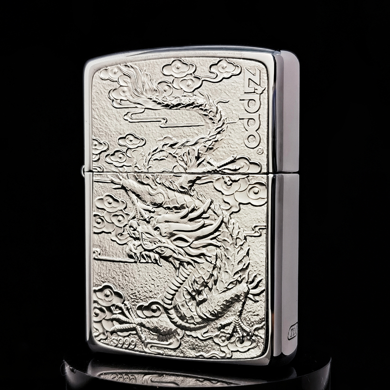 ZIPPO正品打火机/纯银贴章祥云龙-盔甲镜面男士防风DY9902TZ【俊昊