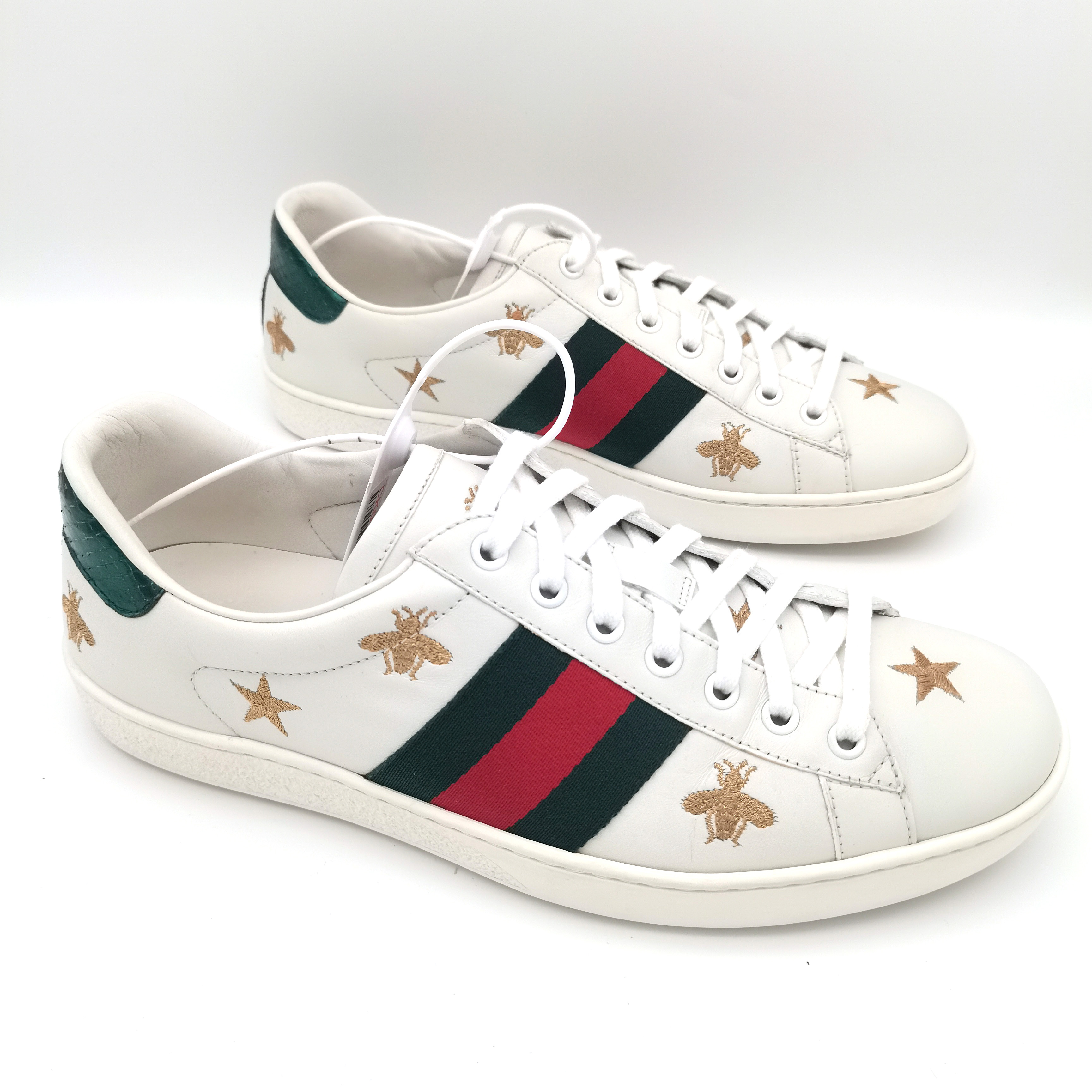 99新 GUCCI/古驰 ACE经典金蜜蜂星星刺绣老花小白鞋板鞋8欧GS1058