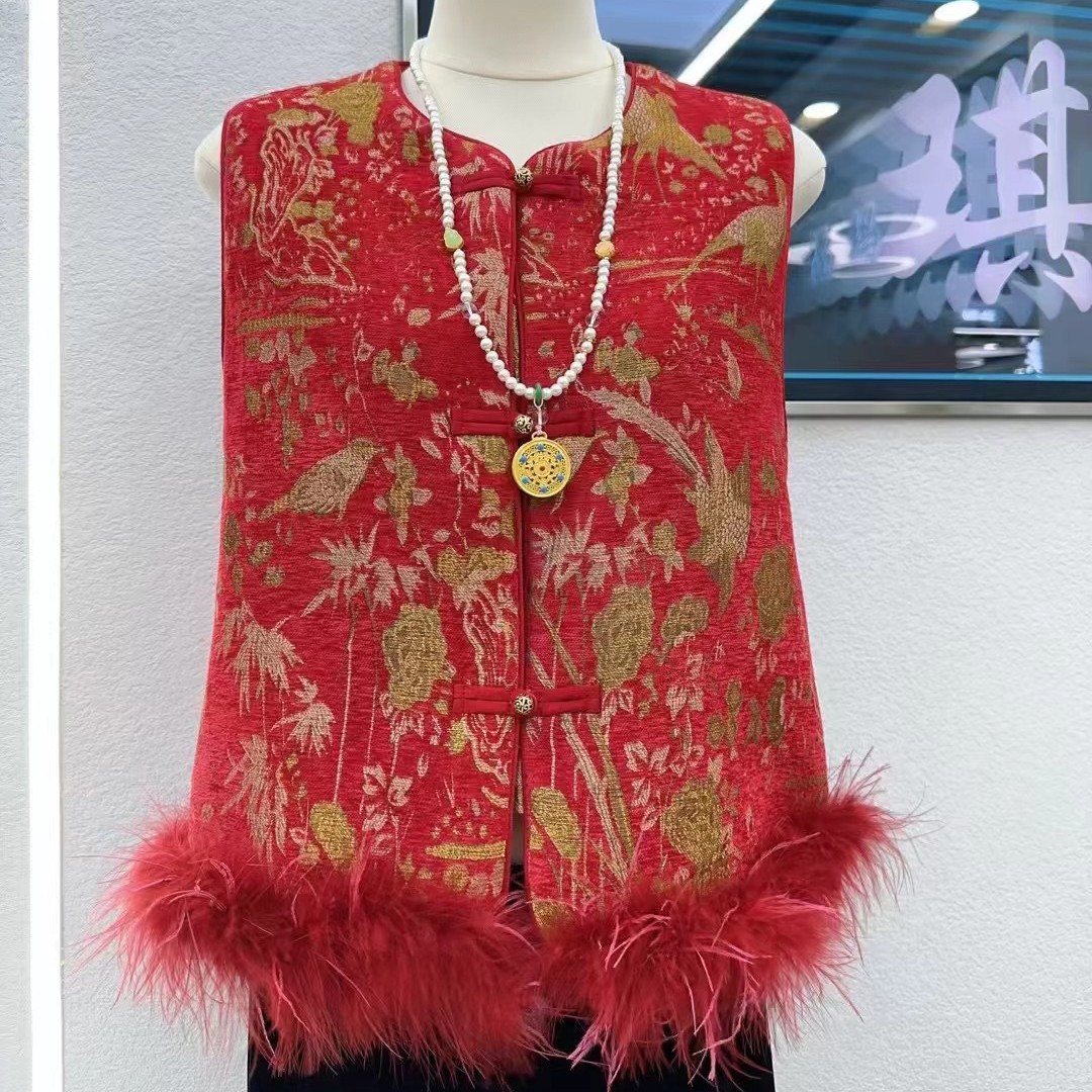 新中式加棉加厚女款驼鸟毛马甲秋冬国风百搭