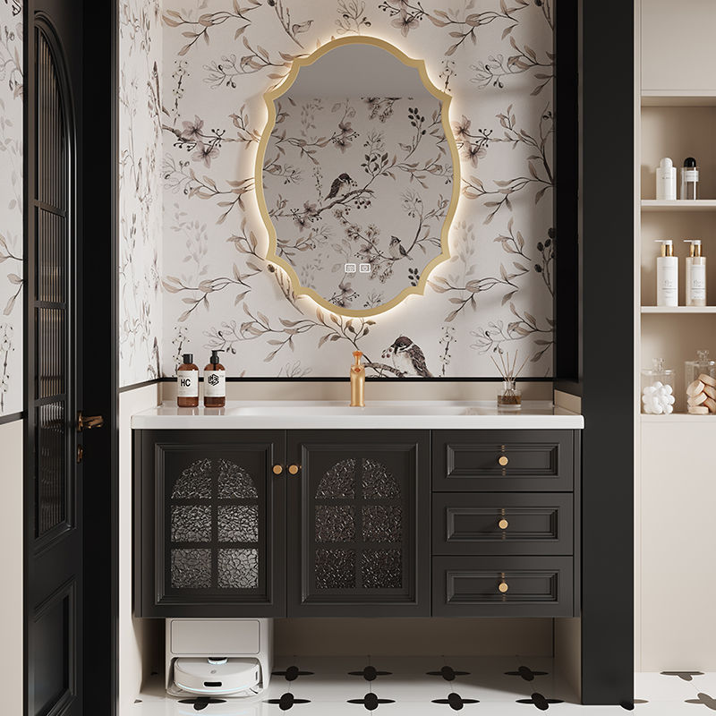 法式复古风陶瓷一体盆橡胶木浴室柜组合卫生间洗漱台洗手池洗脸盆