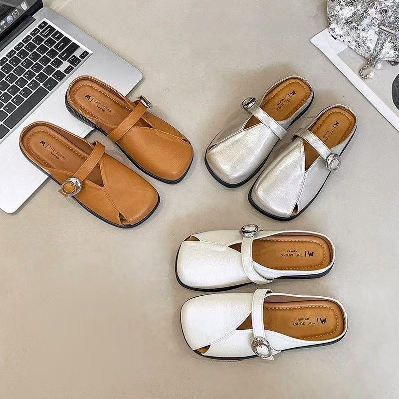 洋气平底包头浅口包头拖女夏外穿拖鞋平底鞋春季复古圆头y2