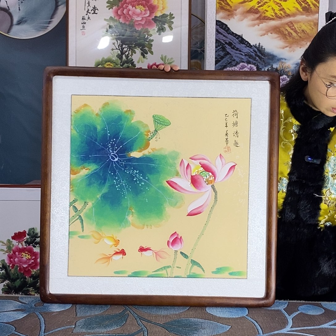 国画手写手绘国画作品带框包邮62✖️62