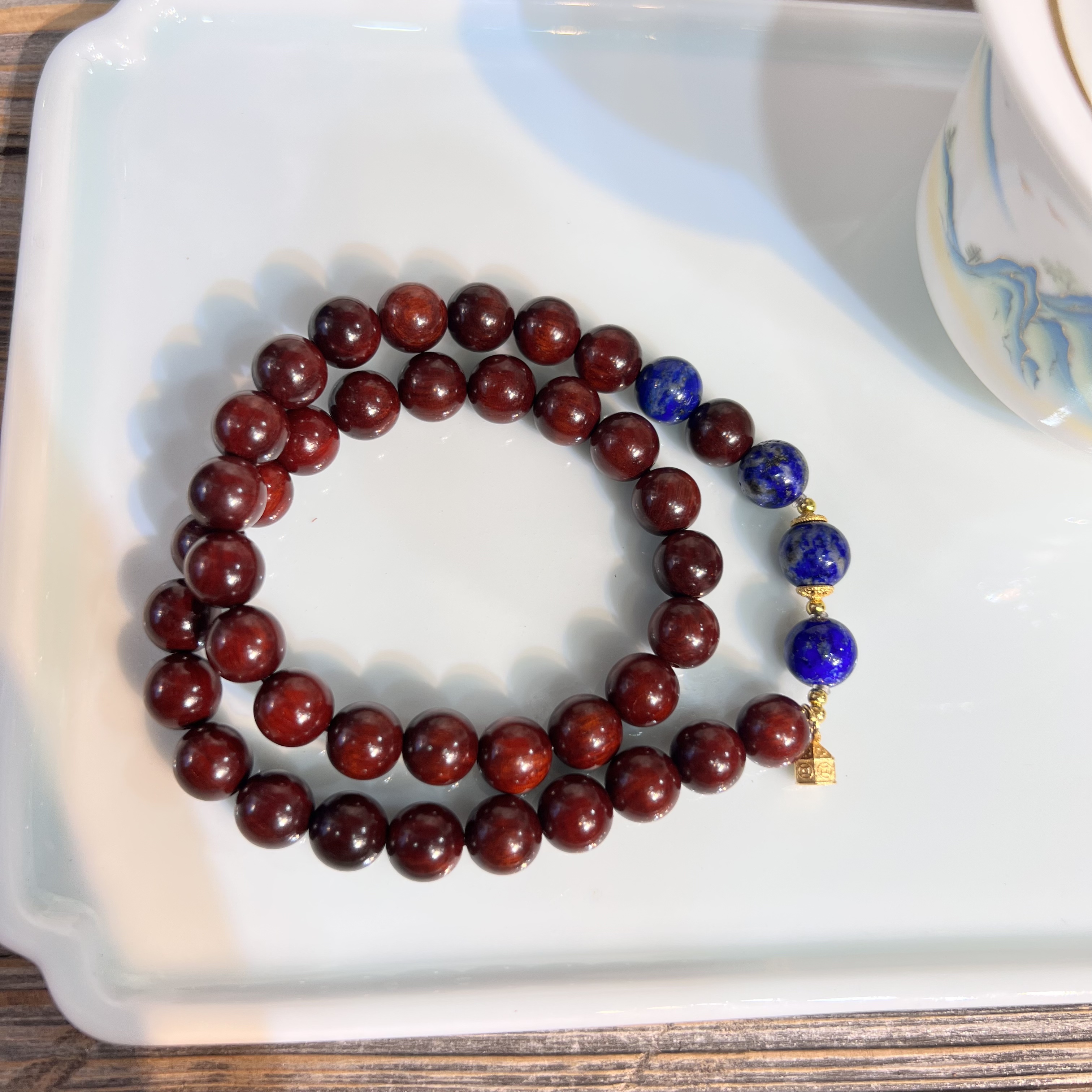 小叶紫檀火焰纹双圈青金手串