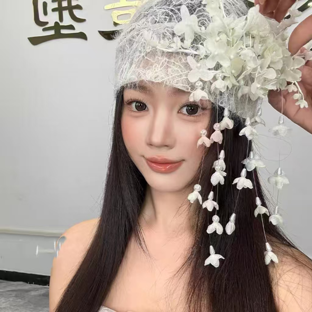 新娘头饰白色宽边时尚甜美韩版贝雷镂空流苏欧美针织680