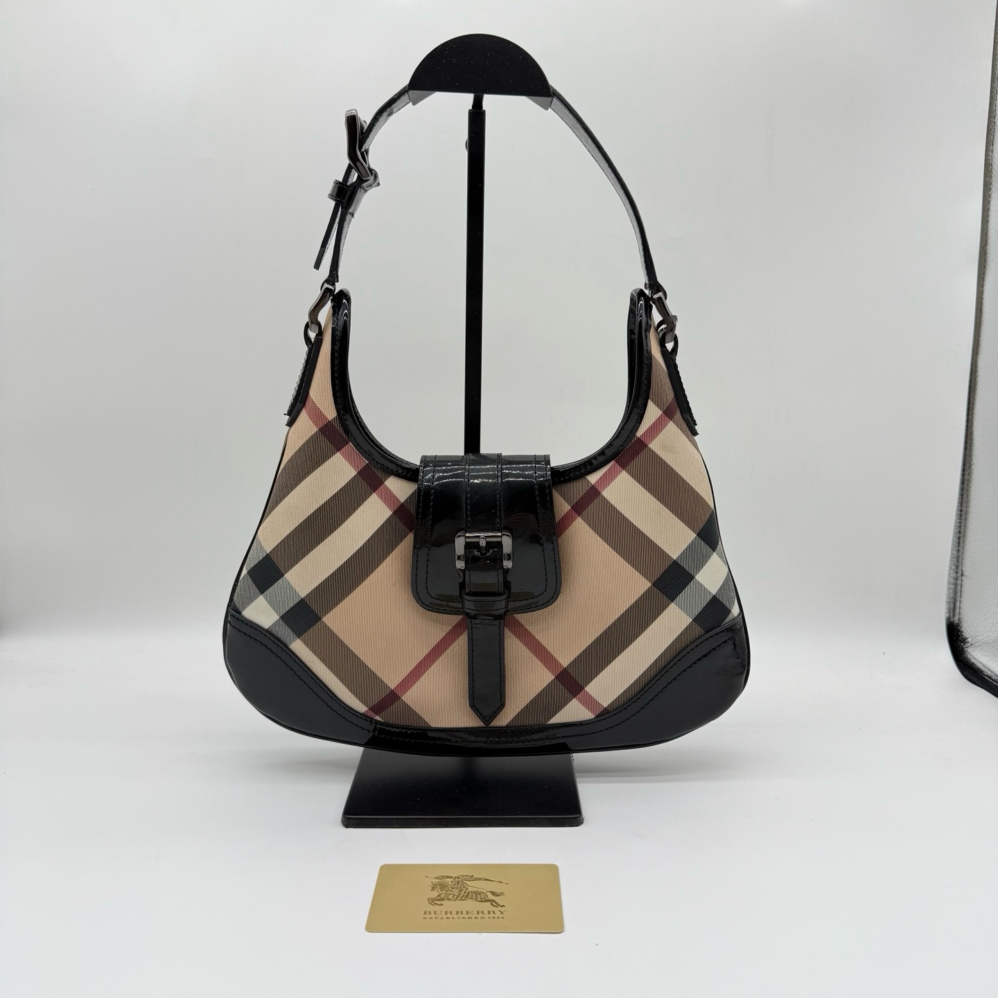 99新 BURBERRY/博柏利 【诗诗】hobo格纹拼黑 PVC拼牛皮 单肩包/98